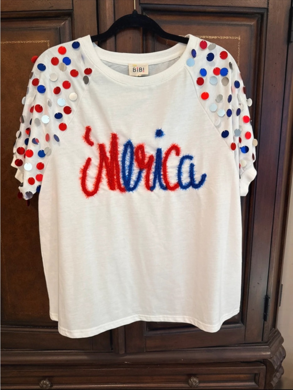 BiBi White Tee with Red & Blue 'Merica Script and Sequin-Dotted Sleeves